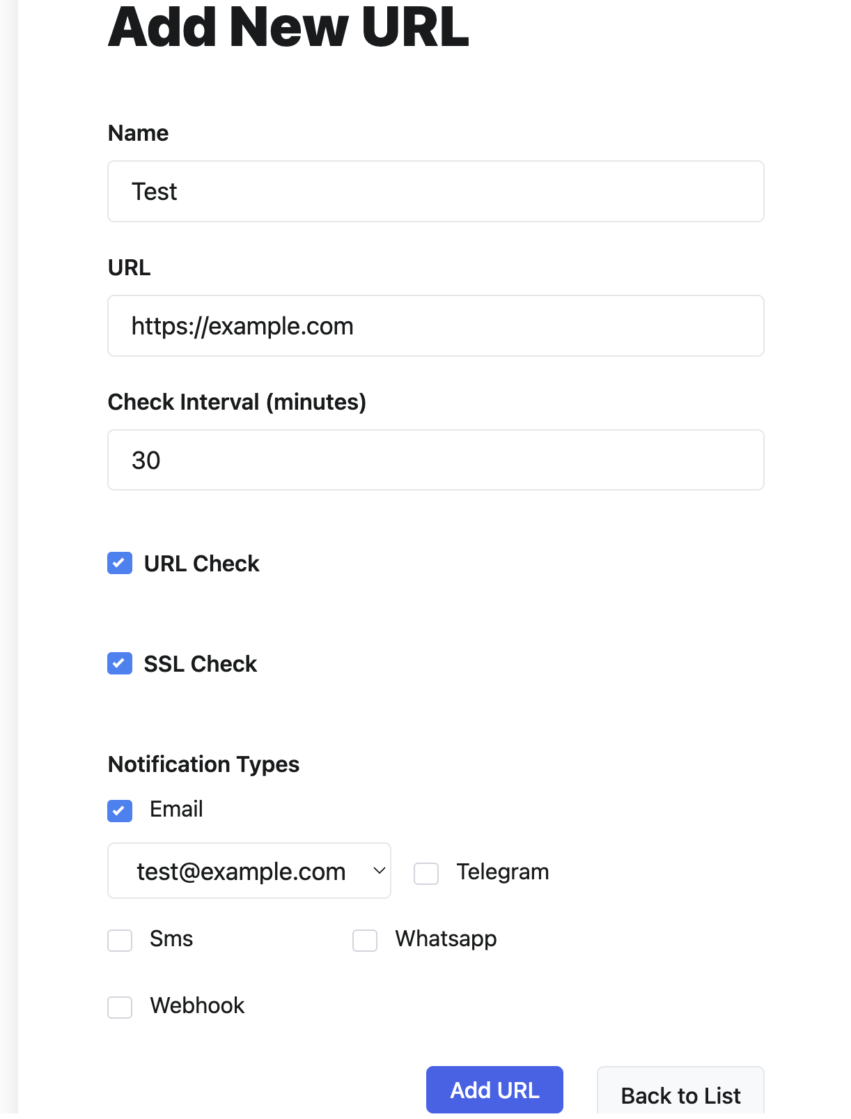Screenshot of adding a URL to AlertsDown